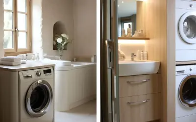 Une machine à laver dans une salle de bain moderne, à côté d'un lavabo et d'une baignoire. Une autre machine à laver est empilée sur une sécheuse.