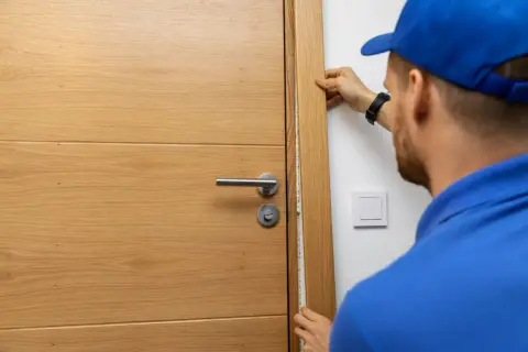 Un homme en casquette bleue ajuste le chant de porte en bois, mesurant l'espace pour une isolation parfaite.