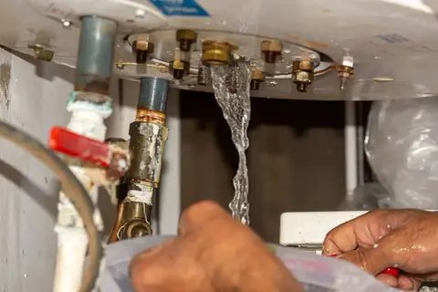 Fuite d'eau au niveau du ballon d'eau chaude, un plombier intervient pour l'entretien.