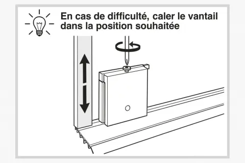 Instruction pour enlever porte coulissante sur rail. Un vantail est montré en cours de retrait, avec une flèche indiquant le mouvement vertical.