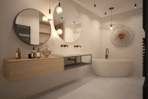 Salle de bain moderne avec baignoire îlot, double vasque et déco murale. Idéal pour estimer la durée des travaux salle de bain.