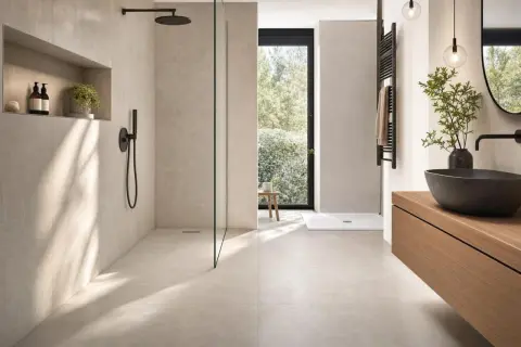 Aménagement douche moderne avec paroi en verre, niche murale et robinetterie noire. Un espace épuré et lumineux.