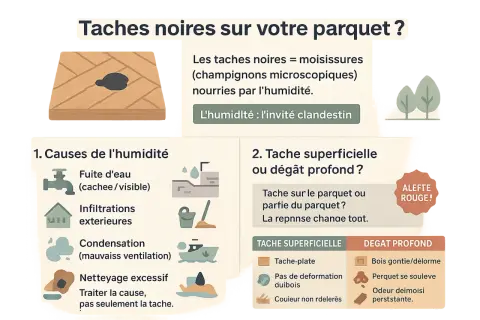 Illustration d'un parquet avec une tache noire, symbole de moisissures dues à l'humidité. Le bois noirci par l'humidité peut cacher des dégâts profonds.