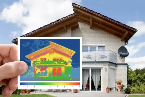 Une image thermique d'une maison révèle des zones de chaleur intense, indiquant un **pont thermique** potentiel.