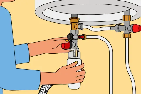 Illustration du fonctionnement du groupe de sécurité d'un chauffe-eau : une main actionne la purge.