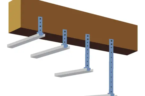 Vue isométrique d'une poutre en bois avec des supports bleus fixés. La distance entre deux suspentes est visible.
