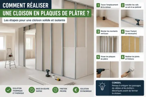 Guide pour faire une cloison en placo : étapes de traçage, montage des rails et montants, pose d'isolant, vissage des plaques et finitions.