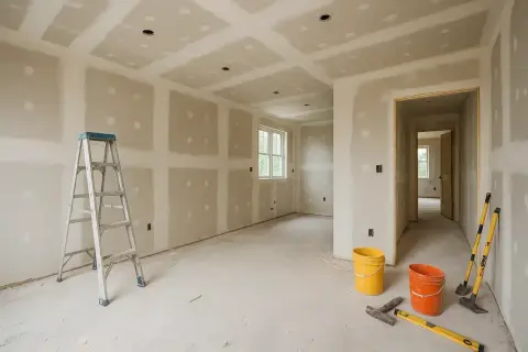 Chantier en cours : murs et plafond en plaques de plâtre, échelle, seaux et outils. Les travaux de second œuvre avancent.