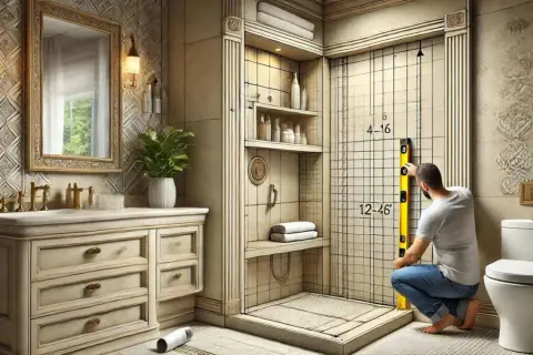 Un homme vérifie la hauteur de la niche de douche avec un niveau. La pièce est décorée dans des tons clairs et comprend un lavabo, une toilette et des étagères.