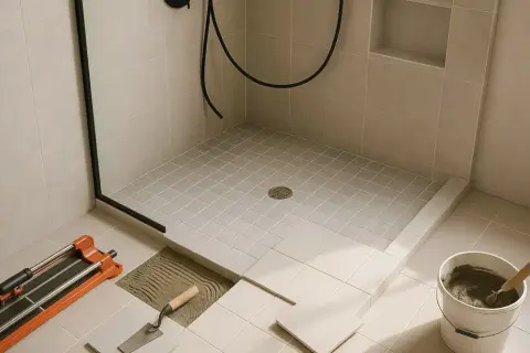 Outils pour installer une douche italienne : carreleur, truelle, seau de mortier. La pose des carreaux est en cours.