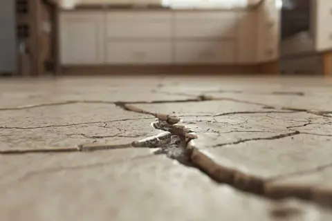 Gros plan sur un carrelage mal posé, fissuré et soulevé, révélant un travail bâclé.