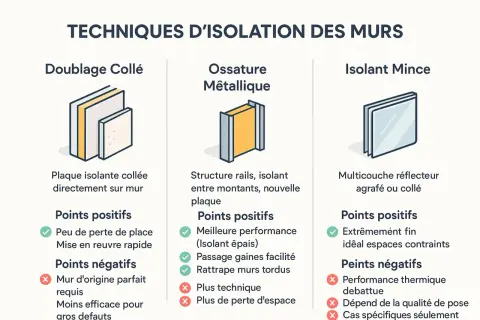 Comparaison de techniques d'isolation des murs : collage de plaques, ossature métallique pour pose placo, et isolant mince.