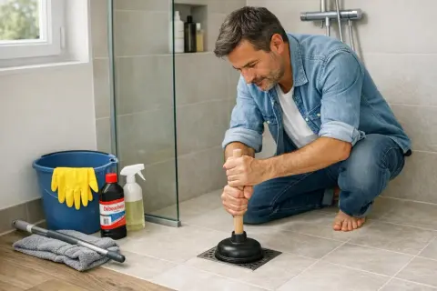 Un homme utilise une ventouse pour tenter de déboucher une douche. Des produits de nettoyage sont à proximité.