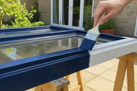 Main d'une personne peignant une fenêtre en bois déjà peinte avec une peinture bleu marine.