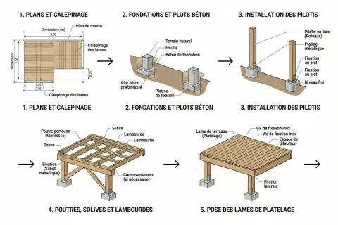 Schéma de construction d'une terrasse : fondations, pilotis, poutres, solives et pose des lames de terrasse.