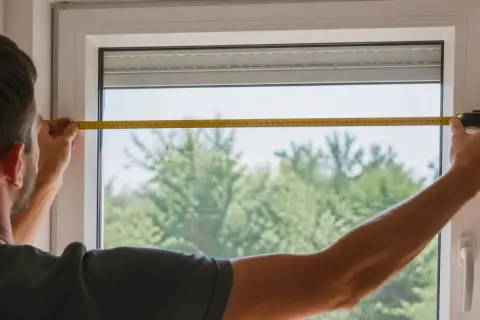 Un homme mesure une fenêtre avec un mètre ruban. Il est essentiel de savoir comment mesurer une fenêtre pour installer de nouveaux rideaux ou stores.