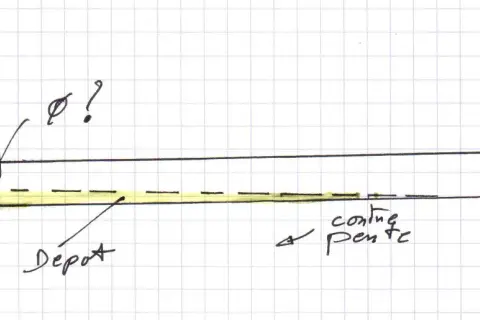 Schéma d'un conduit de WC sous pente, avec indication de diamètre et de dépôt.