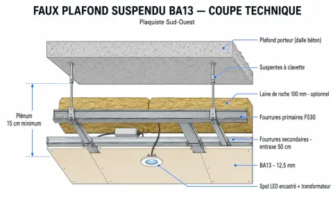Coupe technique d'un faux plafond BA13 avec ossature métallique. Fourrures secondaires à entraxe 50 cm pour le placo. Isolation et spot LED intégrés.