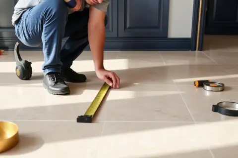Un homme mesure le sol en carrelage clair, prêt pour le sechage carrelage. Des outils sont posés à proximité.