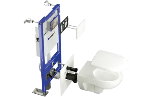 Vue éclatée d'un système Geberit pour le raccordement wc suspendu, montrant le bâti-support, la plaque de déclenchement et la cuvette.