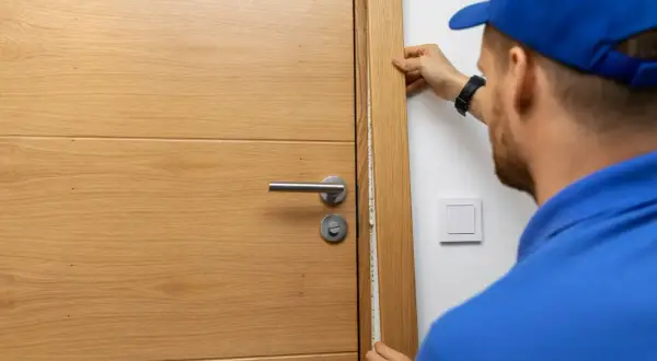 Un homme en casquette bleue ajuste le chant de porte en bois, mesurant l'espace pour une isolation parfaite.