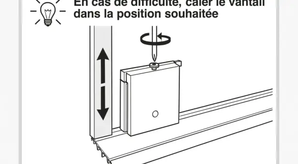 Instruction pour enlever porte coulissante sur rail. Un vantail est montré en cours de retrait, avec une flèche indiquant le mouvement vertical.