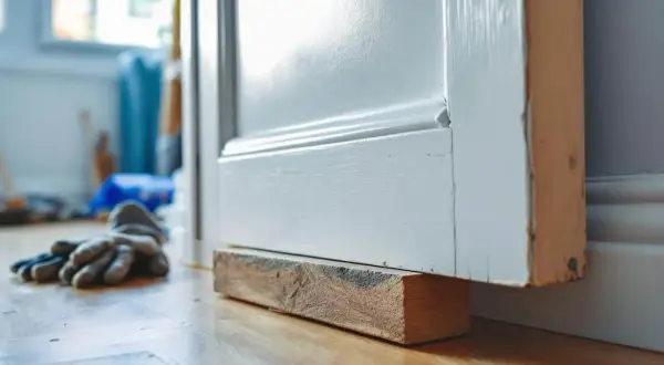 Un bloc de bois soutient une porte blanche pour la raboter. Des gants de travail sont posés au sol.