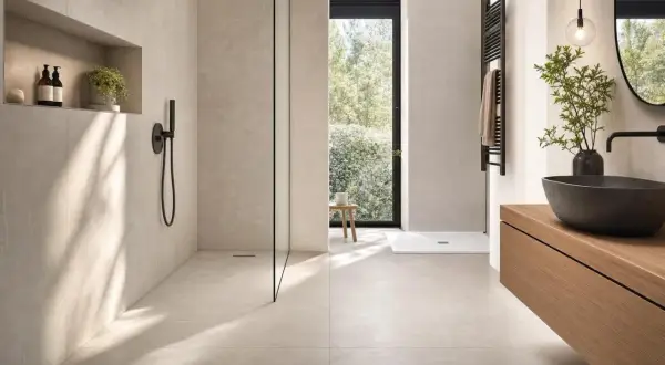 Aménagement douche moderne avec paroi en verre, niche murale et robinetterie noire. Un espace épuré et lumineux.