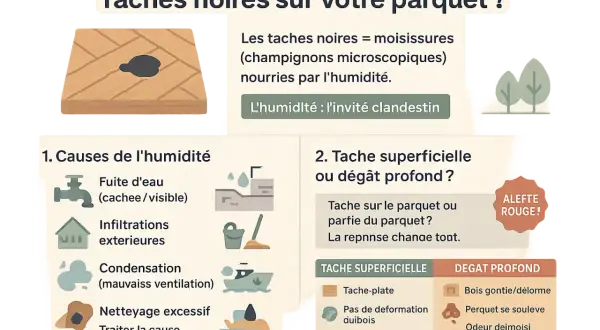 Illustration d'un parquet avec une tache noire, symbole de moisissures dues à l'humidité. Le bois noirci par l'humidité peut cacher des dégâts profonds.