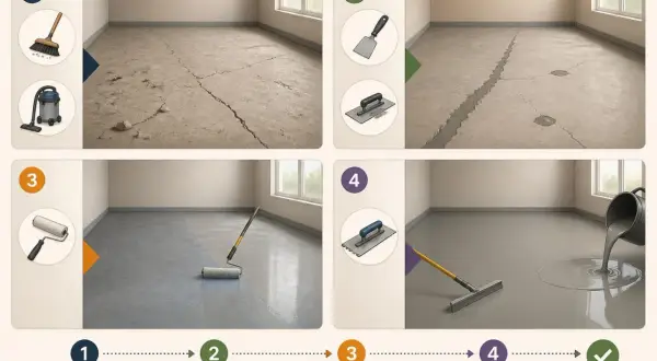 Étapes pour un ragréage sur carrelage : nettoyage, réparation des fissures, application d'une sous-couche, puis coulage et lissage du produit.