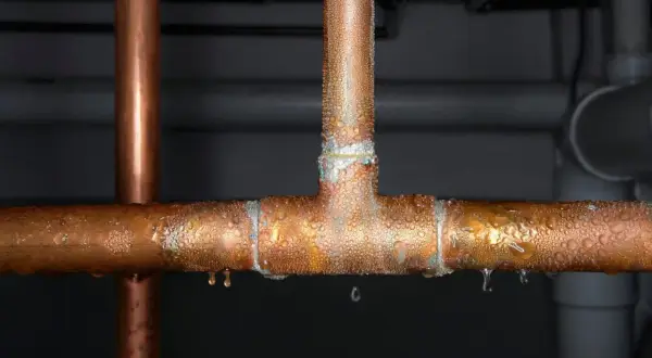 Gouttes d'eau sur un raccord en T de tuyau de cuivre, signe d'une fuite. L'eau perle sur le métal, certaines gouttes tombent.