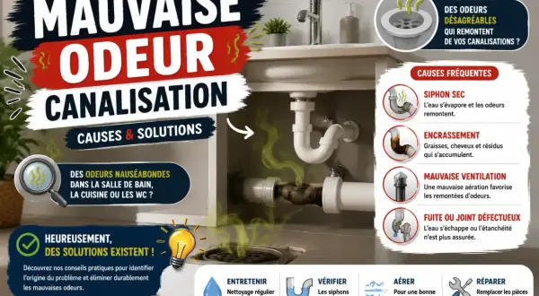 Infographie sur la mauvaise odeur canalisation douche : causes (siphon sec, encrassement) et solutions (entretien, ventilation).