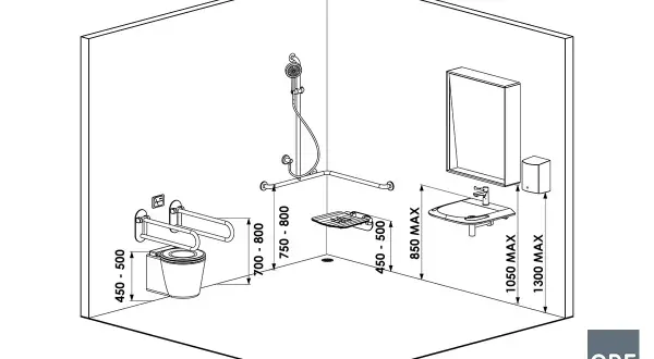 Schéma d'une salle de bain adaptée aux personnes à mobilité réduite, montrant les dimensions pour une installation conforme à la norme WC PMR.