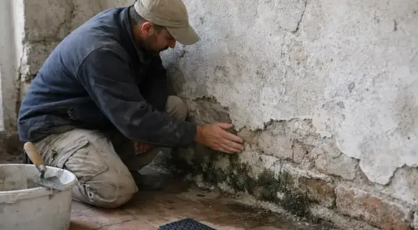 Un homme examine un mur dégradé par l'humidité, signe de condensation dans la maison.