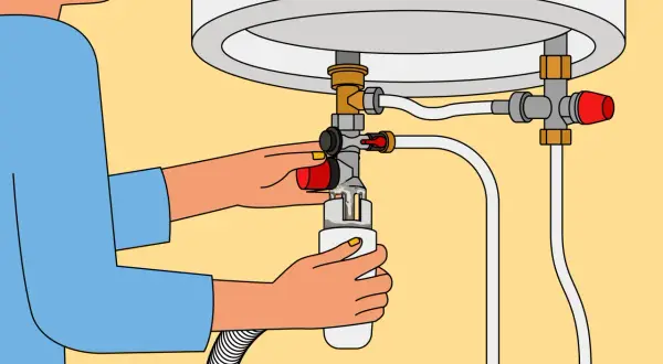 Illustration du fonctionnement du groupe de sécurité d'un chauffe-eau : une main actionne la purge.
