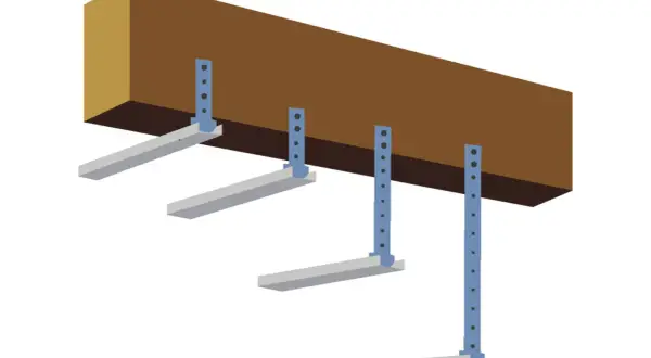 Vue isométrique d'une poutre en bois avec des supports bleus fixés. La distance entre deux suspentes est visible.