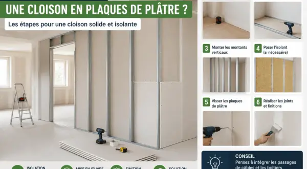 Guide pour faire une cloison en placo : étapes de traçage, montage des rails et montants, pose d'isolant, vissage des plaques et finitions.