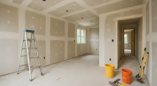 Chantier en cours : murs et plafond en plaques de plâtre, échelle, seaux et outils. Les travaux de second œuvre avancent.