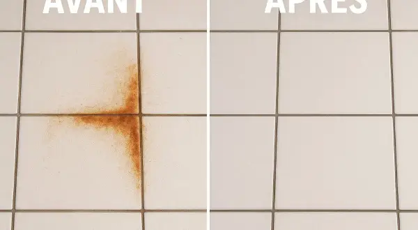 Avant/Après : une tache de rouille tenace sur le carrelage a été enlevée, laissant la surface impeccable.