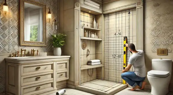 Un homme vérifie la hauteur de la niche de douche avec un niveau. La pièce est décorée dans des tons clairs et comprend un lavabo, une toilette et des étagères.
