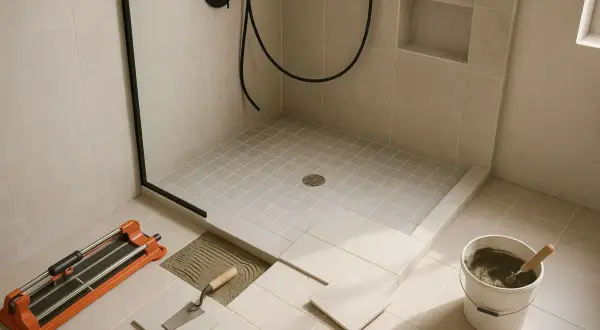 Outils pour installer une douche italienne : carreleur, truelle, seau de mortier. La pose des carreaux est en cours.