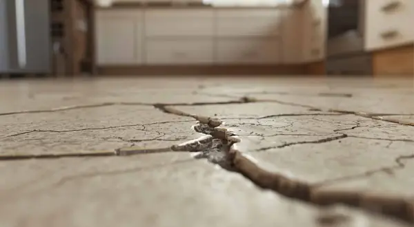 Gros plan sur un carrelage mal posé, fissuré et soulevé, révélant un travail bâclé.