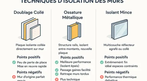 Comparaison de techniques d'isolation des murs : collage de plaques, ossature métallique pour pose placo, et isolant mince.