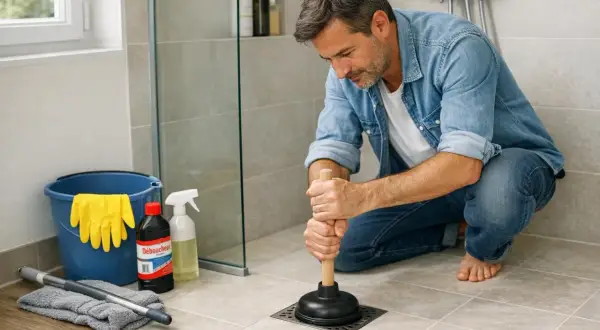 Un homme utilise une ventouse pour tenter de déboucher une douche. Des produits de nettoyage sont à proximité.