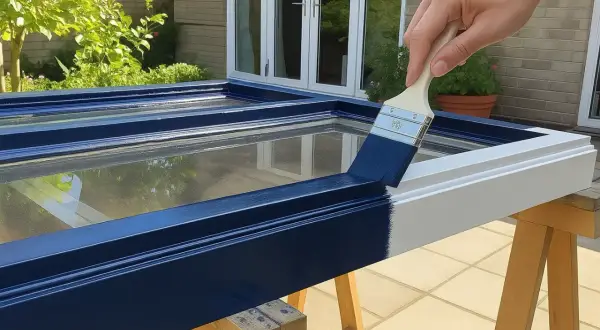 Main d'une personne peignant une fenêtre en bois déjà peinte avec une peinture bleu marine.