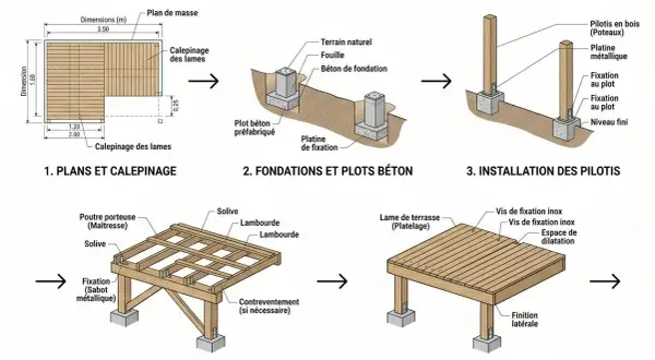 Schéma de construction d'une terrasse : fondations, pilotis, poutres, solives et pose des lames de terrasse.