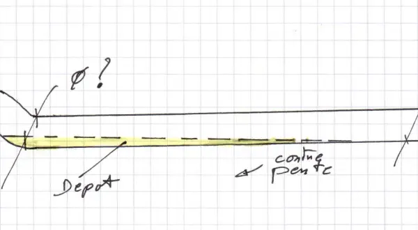 Schéma d'un conduit de WC sous pente, avec indication de diamètre et de dépôt.