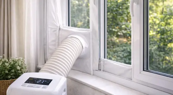 Kit pour comment calfeutrer une fenêtre et installer une climatisation mobile. Un tuyau blanc sort d'un tissu zippé sur la fenêtre.