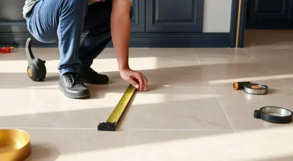 Un homme mesure le sol en carrelage clair, prêt pour le sechage carrelage. Des outils sont posés à proximité.
