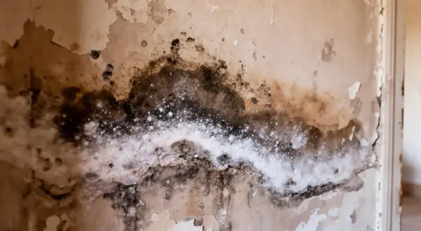 Gros plan sur un mur décrépit, révélant des taches sombres et une efflorescence blanche, signes évidents d'une humidité sur mur persistante.